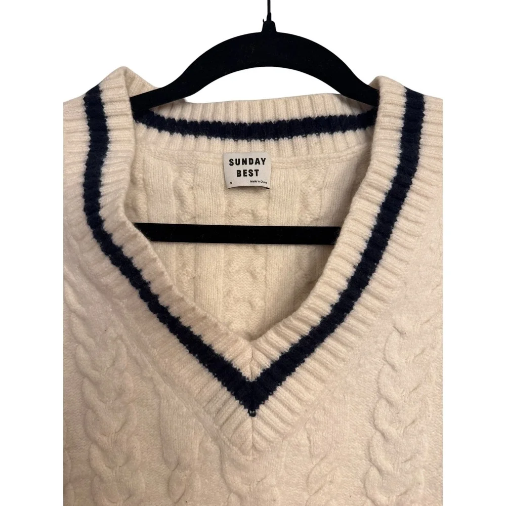 Aritzia Sunday Best Cable Knit Sweater Vest Cream Navy Merino Wool Blend Medium